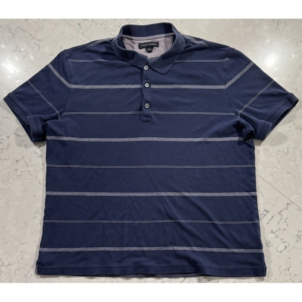 Banana Republic Polo Shirt Mens XL Navy Blue White Striped Cotton Knit Casual